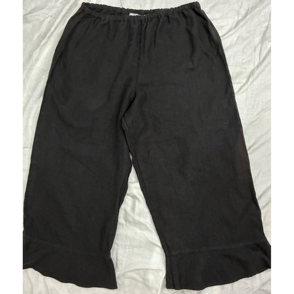 Willow Linen Pants Women XL Black Ruffle Hem Elastic Waist Cropped Wide Leg